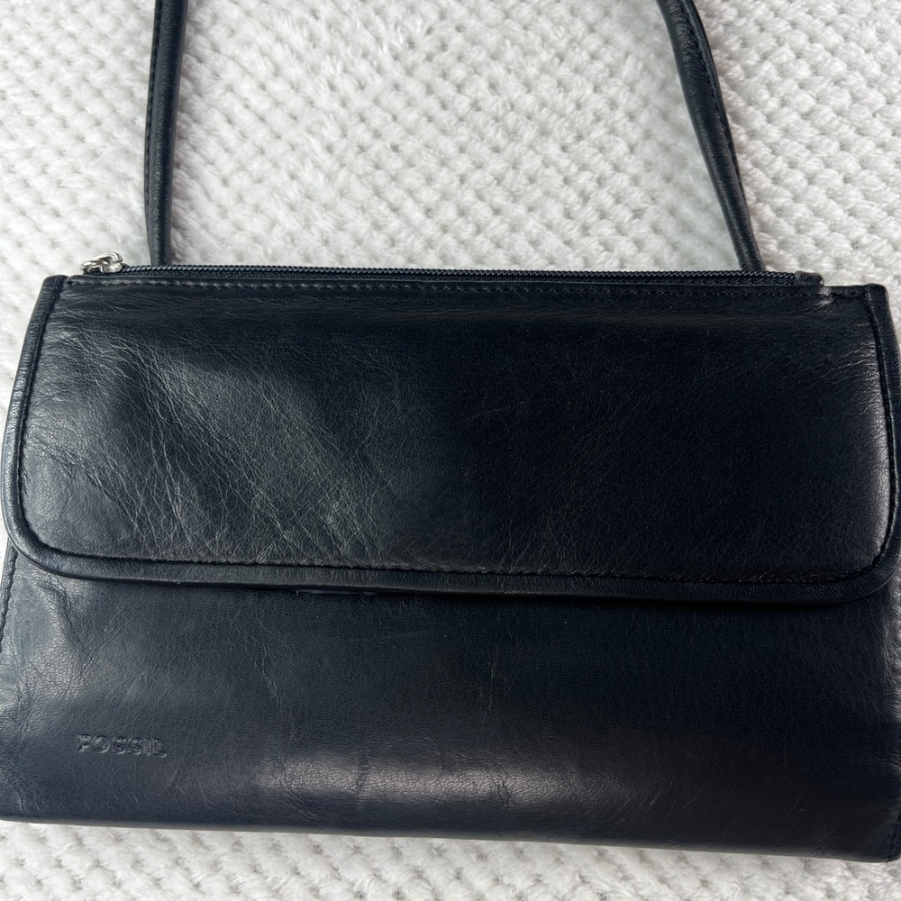 Fossil‎ Vintage Black Leather Crossbody Wallet Bag Phone Holder Organizer Purse